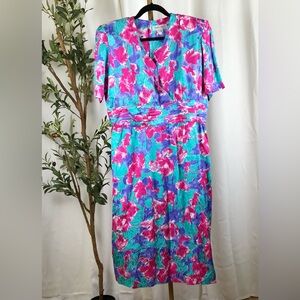 Nora Noh Floral Midi Dress in Pink and Blue 100% Silk (V1)